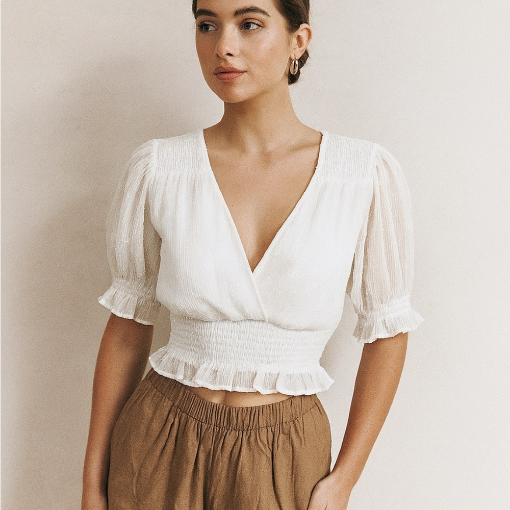 Lulus Swiss Dot Crop Top Smocked Ruffle Sheer Puff Sleeve Blouse XS‎